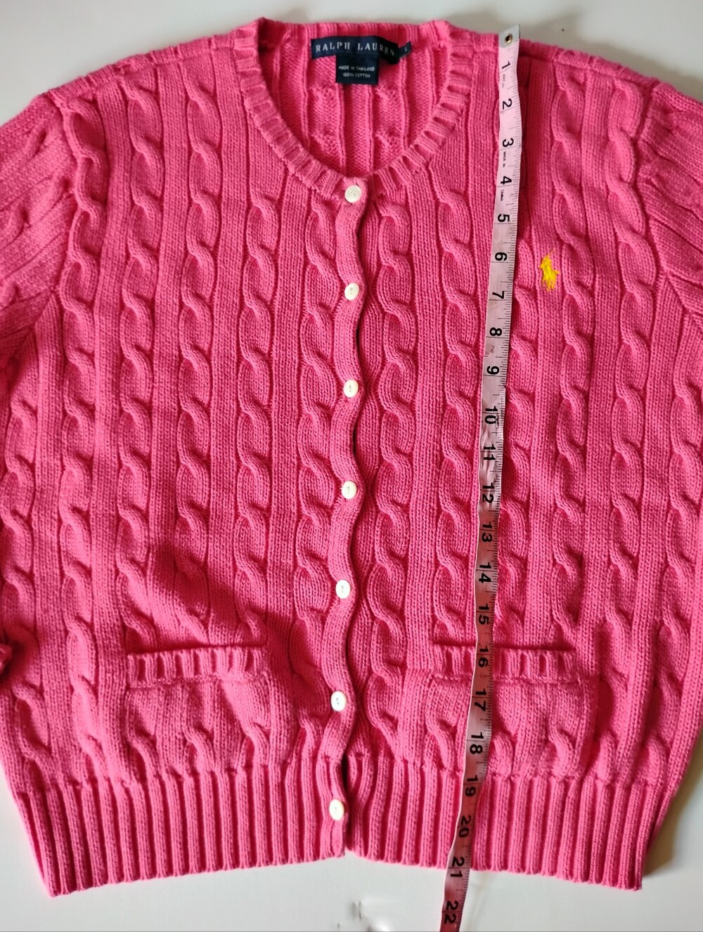 Ralph Lauren Cotton Cable Knit Cardigan Sweater Pink Pockets Classic Colorful Lg - Picture 8 of 8